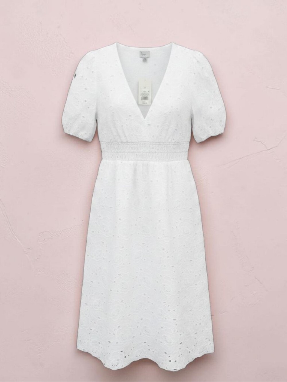 A New Day White Eyelet Puff Sleeve Midi Dress with Pockets Small NWT